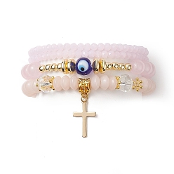 Pink 4 pcs 3 style lampwork mauvais œil & verre & bracelets extensibles en perles d'hématite synthétique, 201 bracelets empilables à breloques croix en acier inoxydable pour femmes, rose, diamètre intérieur: 2~2-1/8 pouce (5~5.5 cm)