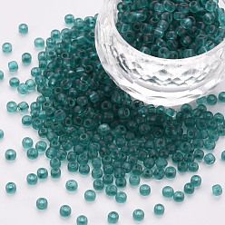 Teal 8/0 Transparent Glass Seed Beads, Round Hole, Frosted Colours, Round, Teal, 3~4x2~3mm, Hole: 0.8mm, about 15000pcs/Pound