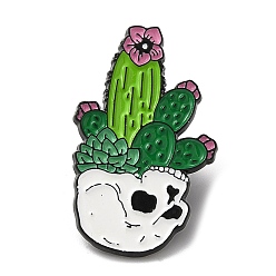 Lawn Green Black Alloy Brooch, Enamel Pins, Skull with Cactus, Lawn Green, 30x19x1mm