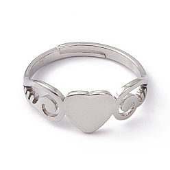 Stainless Steel Color 201 Stainless Steel Heart Adjustable Ring for Women, Stainless Steel Color, US Size 6 1/4(16.7mm)