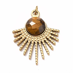 Tiger Eye Natural Tiger Eye Pendants, with Ion Plating(IP) Golden Tone 304 Stainless Steel Findings, Sun, 26x20.5x4.5mm, Hole: 2.5mm