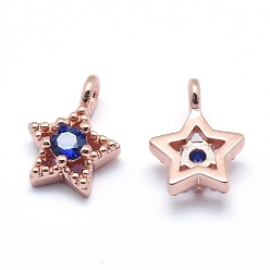 Real Rose Gold Plated Brass Charms, with Cubic Zirconia, Cadmium Free & Nickel Free & Lead Free, Star, Blue, Real Rose Gold Plated, 11x7.5x4mm, Hole: 2mm