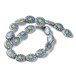 Light Steel Blue Handmade Porcelain Beads, Famille Rose Porcelain, Oval with Flower, Light Steel Blue, 19x14~16x5~6mm, Hole: 1.2mm