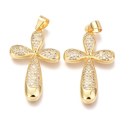Real 18K Gold Plated Brass Micro Pave Clear Cubic Zirconia Pendants, Cross, Real 18K Gold Plated, 31x19x3mm, Hole: 3mm