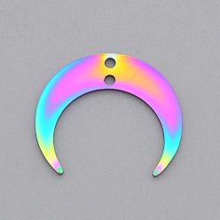 Rainbow Color Ion Plating(IP) 201 Stainless Steel 2-Loop Link Pendants, Laser Cut, Crescent, Rainbow Color, 17x20x1mm, Hole: 1.4mm