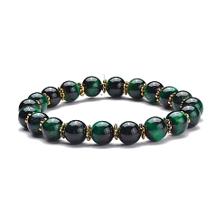 Green Natural Tiger Eye Round Beads Stretch Bracelet, Stone Bracelet with Alloy Daisy Spacer Beads for Women, Golden, Green, Inner Diameter: 2 inch(5.2cm)
