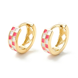 Deep Pink Tartan Pattern Enamel Chunky Hinged Huggie Hoop Earrings for Women, Real 18K Gold Plated Brass Jewelry, Cadmium Free & Nickel Free & Lead Free, Deep Pink, 13x4mm, Pin: 1mm