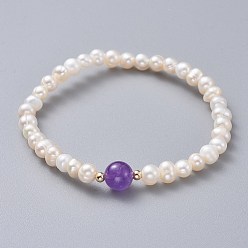 Amethyst Stretch Grade A Natural Freshwater Pearl Bracelets, with Natural Amethyst Beads and Brass Beads, 2 inch(5.1cm)