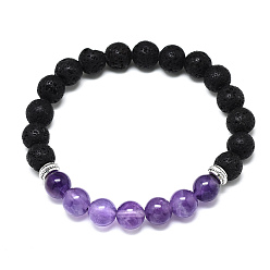 Amethyst Natural Amethyst Beads Stretch Bracelets, with Synthetic Lava Rock Beads and Alloy Beads, Round, Inner Diameter: 2-1/8 inch(5.5cm), Beads: 8.5mm
