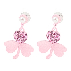 Pink Saint Patrick's Day Zinc Alloy Clover Dangle Stud Earrings with Rhinestones, Pink, 48x29mm