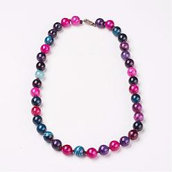 Coloré Colliers en perles d'agate et teintures naturelles, avec fermoirs mousquetons en laiton  , ronde, colorées, perles: 6 mm, 18.9 pouce (48 cm)