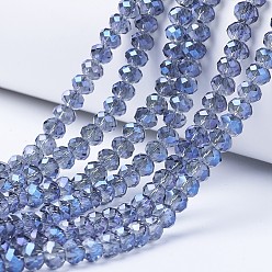 Azul Royal Electroplate transparentes cuentas de vidrio hebras, chapado en arco iris , facetados, Rondana plana, azul real, 3x2 mm, agujero: 0.8 mm, sobre 150~155 unidades / cadena, 15~16 pulgada (38~40 cm)