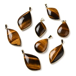 Tiger Eye Natural Tiger Eye Pendants, Leaf Charms, with Rack Plating Golden Plated Brass Findings, Cadmium Free & Lead Free, 35.5~46.5x22~27x6.5~8.5mm, Hole: 5.4x4mm