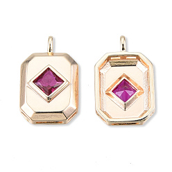 Medium Violet Red Brass Pave Cubic Zirconia Pendants, Cadmium Free & Nickel Free & Lead Free, Real 18K Gold Plated, Octagon, Medium Violet Red, 16x10x4mm, Hole: 1.4mm