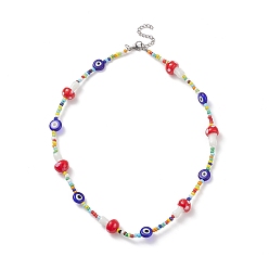 Colorful Mushroom Handmade Lampwork Beaded Necklaces for Women, Glass Seed Beads & Evil Eye Bead Necklaces, Colorful, 17.48 inch(44.4cm)