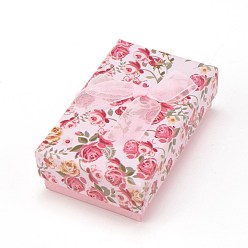 Pink Flower Pattern Cardboard Jewelry Packaging Box, 2 Slot, For Ring Earrings, with Ribbon Bowknot and Black Sponge, Rectangle, Pink, 8x5x2.6cm