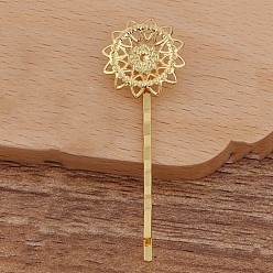 Golden Iron Hair Bobby Pin Findings, with Brass Filigree Flower Cabochon Bezel Settings, Golden, Flower: 20mm