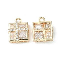 Clear Brass Pave Cubic Zirconia Pendants, Light Gold, Gift Box Charm, Clear, 15x12.5x5mm, Hole: 1.6mm