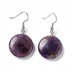 Amethyst Natural Amethyst Flat Round Dangle Earrings, Platinum Brass Jewelry for Women, 42mm, Pin: 0.7mm