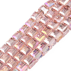 Pink Electroplate transparentes cuentas de vidrio hebras, facetados, cubo, rosa, 7x7x6.5 mm, agujero: 1.2 mm, sobre 100 unidades / cadena, 25.98 pulgada (66 cm)