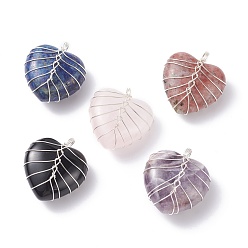 Mixed Stone Natural Gemstone Pendants, with Silver Tone Copper Wire Wrapped, Heart, 34x30x18mm, Hole: 6mm