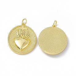 Real 16K Gold Plated Rack Plating Brass Pendants, Long-Lasting Plated, Lead Free & Cadmium Free, with Jump Ring, Flat Round with Heart & Cross Charm, Real 16K Gold Plated, 25x20x4mm, Hole: 3mm