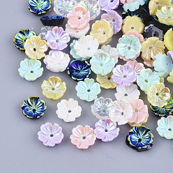 Color mezclado Perlas de resina opacos, color de ab chapado, 5-pétalo, flor, color mezclado, 8x8x2.5 mm, agujero: 1 mm