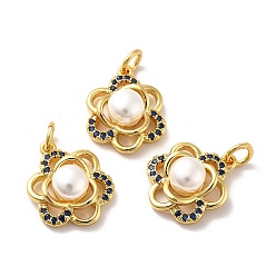 Golden Rack Plating Brass Micro Pave Cubic Zirconia Pendants, with Pearl Beads and Jump Rings, Flower, Golden, 16x13x6mm, Hole: 3mm