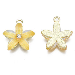 Gold Alloy Pendants, with Resin and Rhinestone, Flower, Crystal, Light Gold, Gold, 21.5x18.5x5mm, Hole: 1.5mm