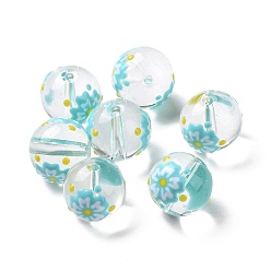 Flor Perlas de vidrio transparentes, con esmalte, rondo, el cielo azul, patrón de flores, 14~15x13~13.5 mm, agujero: 1.5~1.6 mm
