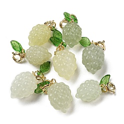Real 14K Gold Plated Natural Xiuyan Jade Grapes Pendant Decorations, Fruit Ornaments with Brass Spring Ring Clasps, Real 14K Gold Plated, 20x13x12mm, Hole: 3mm