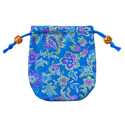 Dodger Blue Chinese Style Flower Pattern Satin Jewelry Packing Pouches, Drawstring Gift Bags, Rectangle, Dodger Blue, 10.5x10.5cm