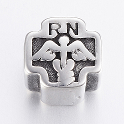Antique Silver 304 Stainless Steel European Beads, Large Hole Beads, Cross with Registered Nurse, Antique Silver, 11x11x9mm, Hole: 5mm