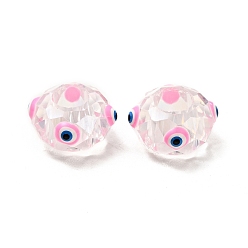 Pearl Pink Transparent Glass European Beads, Large Hole Beads, with Enamel, Faceted, Rondelle with Evil Eye Pattern, Pearl Pink, 14x8mm, Hole: 6mm