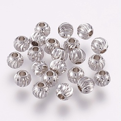 Platinum Brass Beads, Round with Corrugated, Platinum, 8x7mm, Hole: 2mm