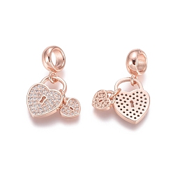 Rose Gold Brass Micro Pave Cubic Zirconia European Dangle Charms, Large Hole Pendants, Heart Lock, Clear, Rose Gold, 21.5mm, Hole: 5mm
