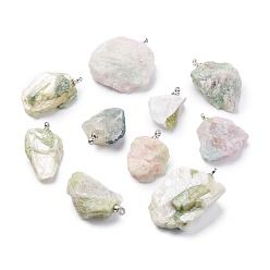 Platinum Natural Green Tourmaline Pendants, Rough Raw Stone, with Brass Loop, Grade AAA, Long-Lasting Plated, Nuggets, Platinum, 19~29.5x12.5~23x5.3~9.5mm, Hole: 1.6mm