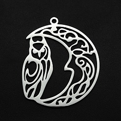 Stainless Steel Color 201 Stainless Steel Pendants, Laser Cut, Hollow, Moon with Owl, Stainless Steel Color, 35x29x1mm, Hole: 1.6mm