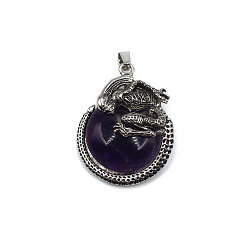 Amethyst Natural Amethyst Pendants, Flat Round Charms with Skeleton, with Antique Silver Plated Metal Findings, 40x35mm
