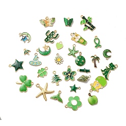 Green Alloy Enamel Pendants, Mixed Shapes, Golden, Green, 10~25x10~24x2~3.5mm, Hole: 1.4~2.5mm, about 100pc/bag