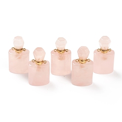Quartz Rose Naturel a augmenté pendentifs en quartz, bouteille de parfum ouvrable, avec les accessoires en laiton de tonalité d'or, 33~35x17~19x11~13mm, Trou: 2mm, capacité: 1 ml (0.03 fl. oz)