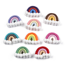 Mixed Color Polycotton(Polyester Cotton) Woven Rainbow Wall Hanging, Macrame Woven Rainbow with Pompom, Mixed Color, 35~37x48~52x16~17.5mm