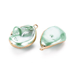 Aquamarine Electroplate Freshwater Shell Pendants, with Golden Iron Edge and Loop, Nuggets, Dyed, Aquamarine, 21~32.5x14~24x6~21mm, Hole: 1.8mm