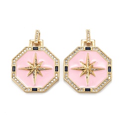 Real 18K Gold Plated Brass Micro Pave Clear Cubic Zirconia Pendants, with Enamel, Octagon with Star, Real 18K Gold Plated, 29.5x25.5x4mm, Hole: 6x2.5mm