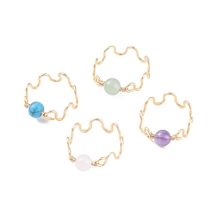 Смешанные камни Круглое кольцо из бисера с драгоценными камнями, волновое кольцо из медной проволоки для женщин, золотые, размер США 9 (18.9 мм)