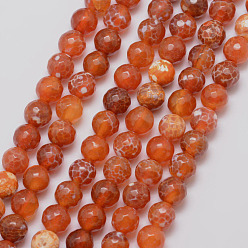 Rouge Orange Brins de perles d'agate craquelée de feu naturel, ronde, Grade a, facette, teints et chauffée, rouge-orange, 8mm, Trou: 1mm, Environ 47 pcs/chapelet, 15 pouce