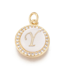 Letter Y Brass Micro Pave Cubic Zirconia Pendants, with Shell, Long-Lasting Plated, Lead Free & Cadmium Free & Nickel Free, Real 18K Gold Plated, Flat Round with Letter, Clear, Letter.Y, 16x13.5x3mm, Hole: 3mm