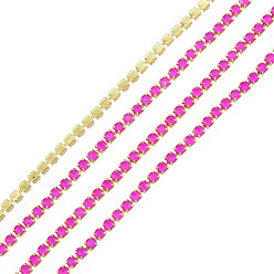 Ruby Brass Rhinestone Strass Chains, Rhinestone Cup Chain, Imitate Fluorescent Style, Raw(Unplated), Ruby, 1.5x1.5mm, about 18.70 Feet(5.7m)/Strand