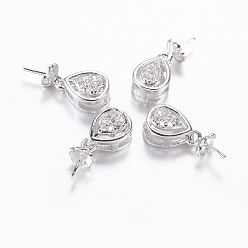 Real Platinum Plated Long-Lasting Plated Brass Micro Pave Cubic Zirconia Cup Pearl Peg Bails Pin Pendants, For Half Drilled Beads, teardrop, Real Platinum Plated, 17mm, Hole: 2x5mm, Pin: 0.8mm