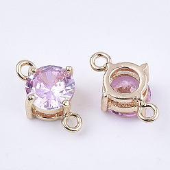 Perlas de Color Rosa Conectores de enlaces de vidrio transparente, con fornituras de latón, facetados, plano y redondo, la luz de oro, rosa perla, 12x7.5x5 mm, agujero: 1.2 mm